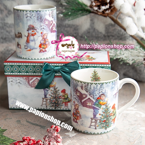 ماگ کریسمسی جعبه کادویی طرح بازی بچه ها در روز برفی