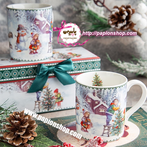 ماگ کریسمسی جعبه کادویی طرح بازی بچه ها در روز برفی