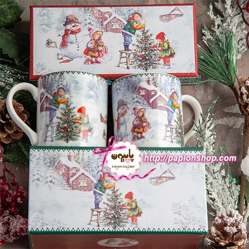 ماگ کریسمسی جعبه کادویی طرح بازی بچه ها در روز برفی