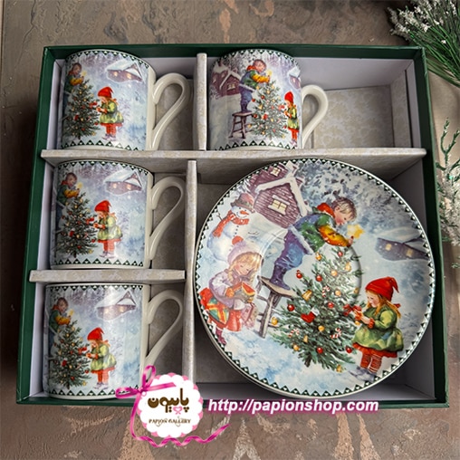 فنجان نعلبکی کریسمسی طرح بچه ها در روز برفی