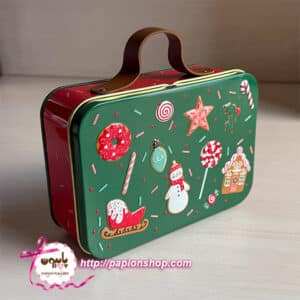جعبه فلزی کریسمسی چمدان با دسته چرمی طرح آدم برفی