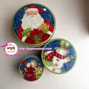 ست سه تایی جعبه فلزی کریسمسی گرد طرح بابانوئل و آدم برفی (وارداتی)